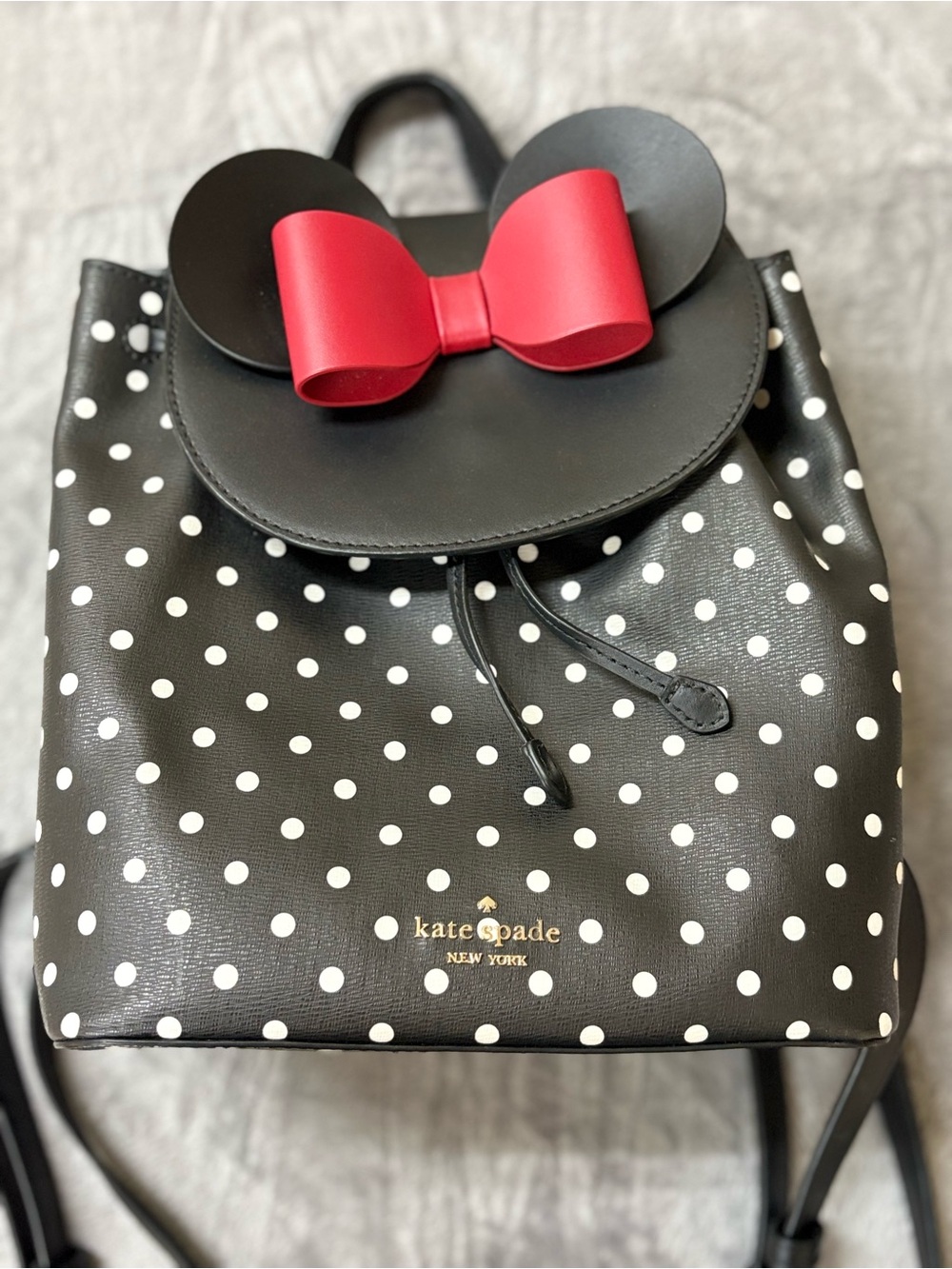kate spade Black White Polka Dot Backpack with Red Bow Accent